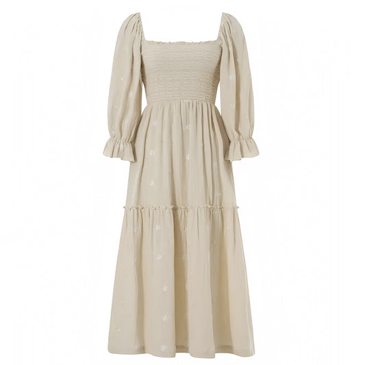 light-beige-tan-neutral-floral-eyelet-embroidered-layered-ruffle-trim-slim-fit-bodycon-smocked-shirred-fitted-bodice-drop-waist-square-neckline-long-puff-sleeve-tiered-linen-flowy-boho-midi-maxi-dress-ball-gown-women-ladies-teens-tweens-chic-trendy-spring-2024-summer-elegant-casual-semi-formal-feminine-prom-party-wedding-guest-homecoming-dance-preppy-style-beach-wear-european-vacation-sundress-grandmillennial-altard-state-hill-house-revolve-free-people-dupe