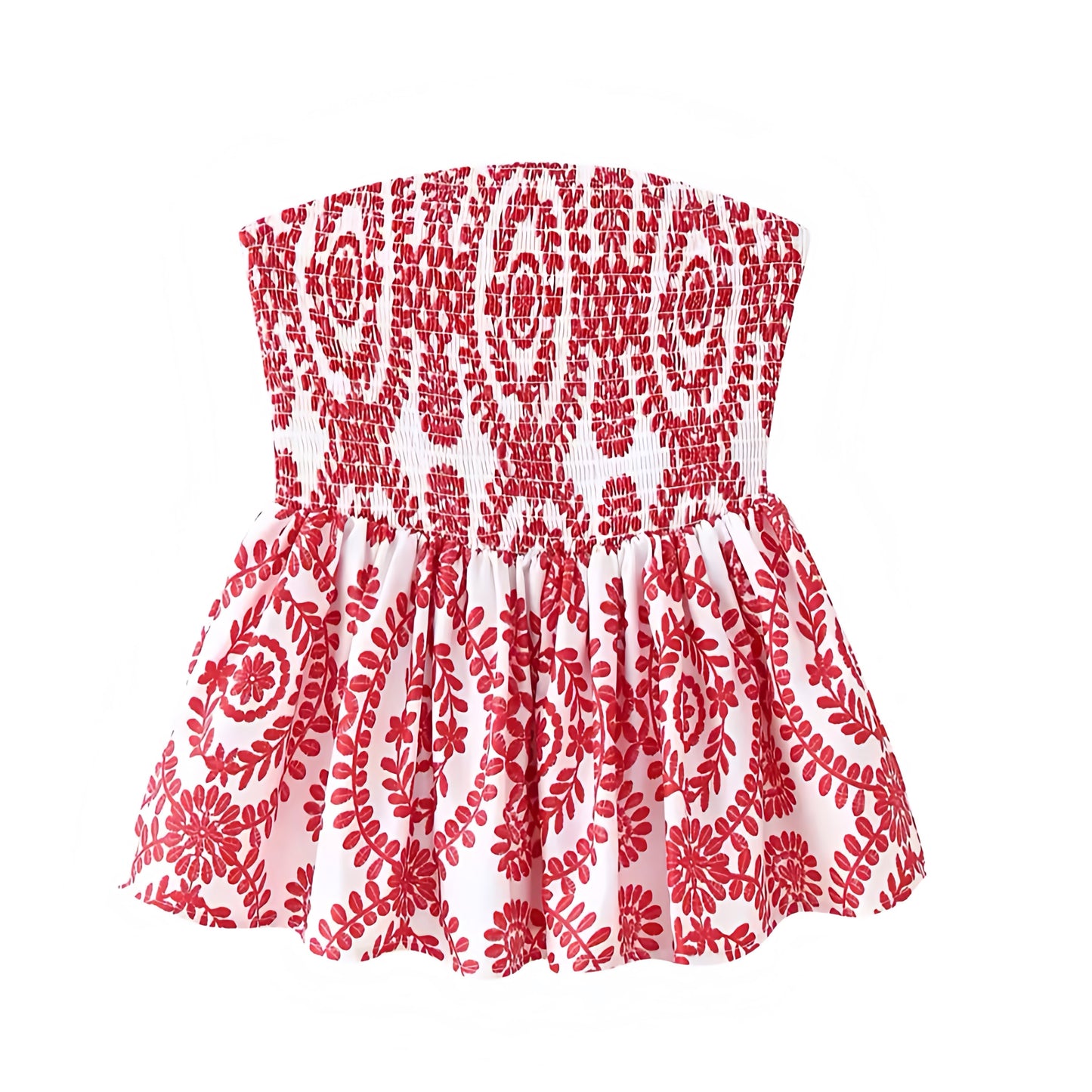 Red Floral Embroidered Smocked Strapless Camisole Top