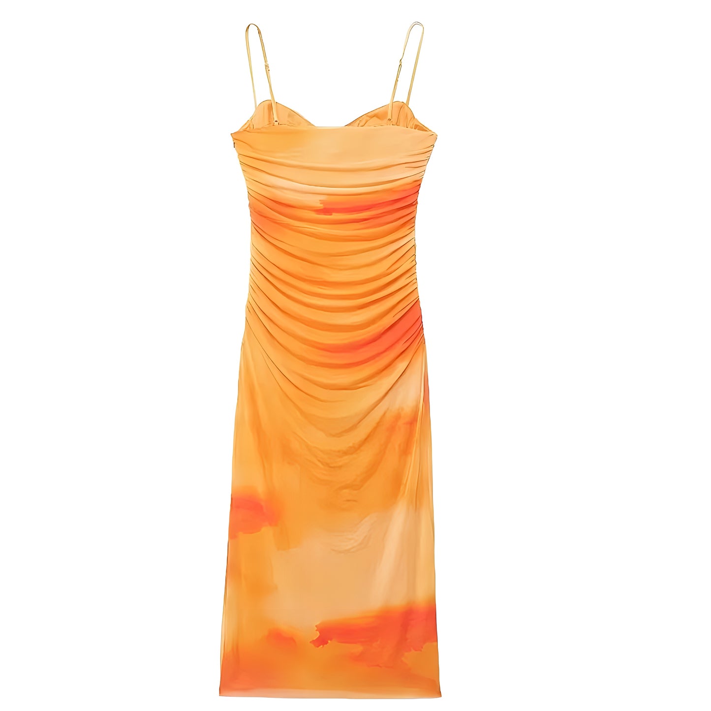 Orange Tie-Dye Patterned Bodycon Ruched Spaghetti Strap Maxi Dress