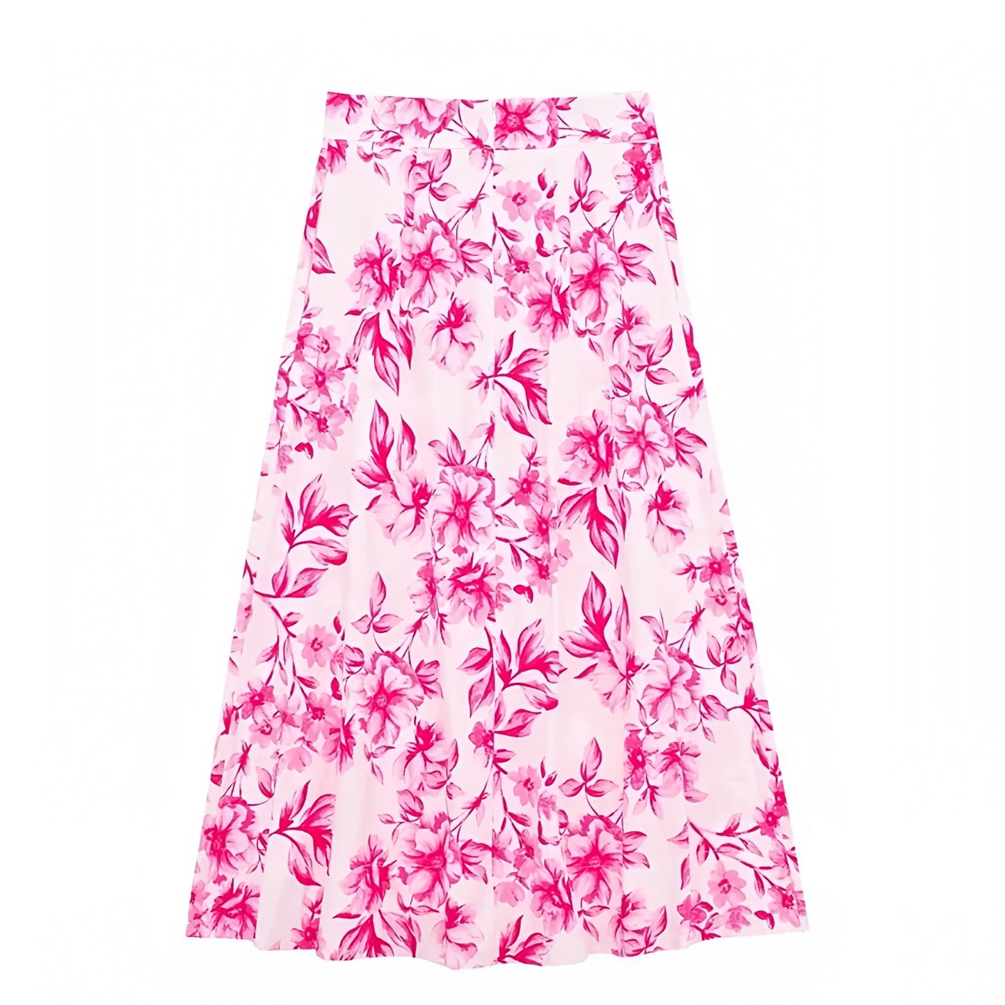 Hot Pink Floral Print Low-Rise Pleated Linen Midi Skirt