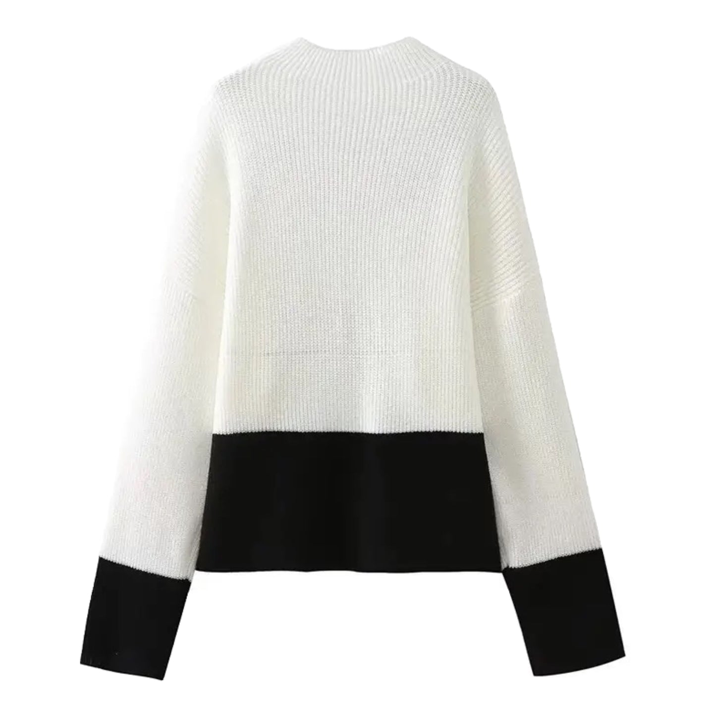 White & Black Contrast Knit Turtleneck Pull Over Sweater