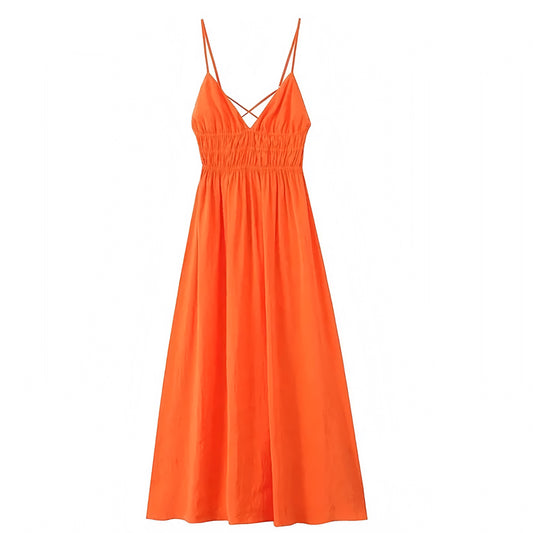 Orange Slim Fit Spaghetti Strap Tiered Backless Maxi Dress