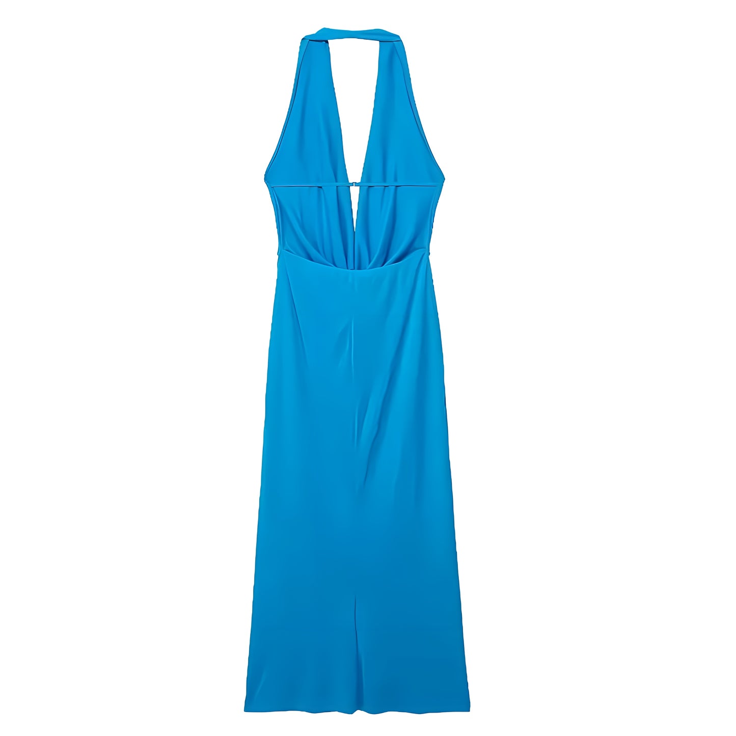 Sea Blue Bodycon Draped Scoop Neck Sleeveless Halter Backless Maxi Dress