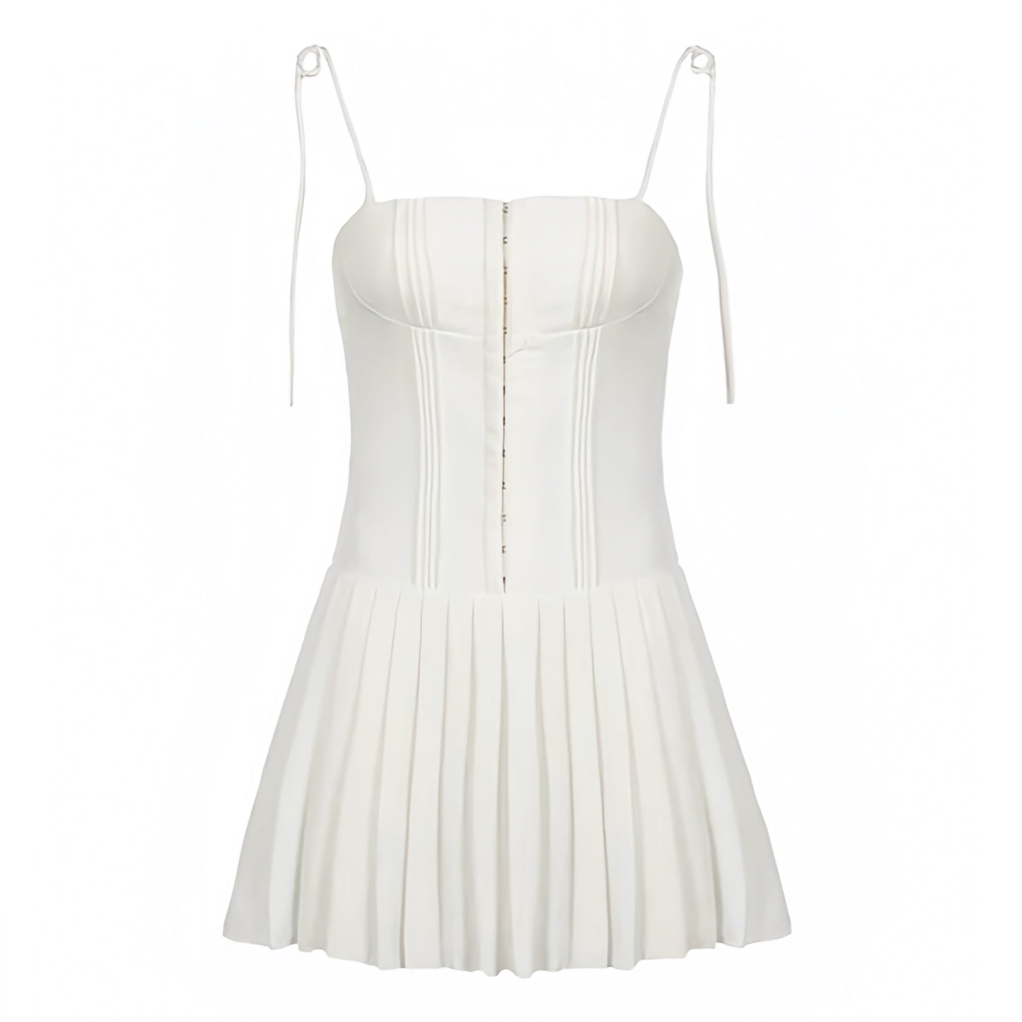 white-ivory-cream-slim-fit-corset-bustier-bodycon-fitted-bodice-drop-waist-pleated-skirt-spaghetti-strap-sleeveless-backless-open-back-square-neckline-bandeau-short-mini-dress-women-ladies-chic-trendy-spring-2024-summer-elegant-semi-formal-casual-classy-feminine-prom-gala-party-date-night-out-sexy-club-wear-french-european-parisian-style-vacation-sundress-revolve-house-of-cb-zara-princess-polly-whitefox-iamgia-jaded-london-reformation-areyouami-dupe