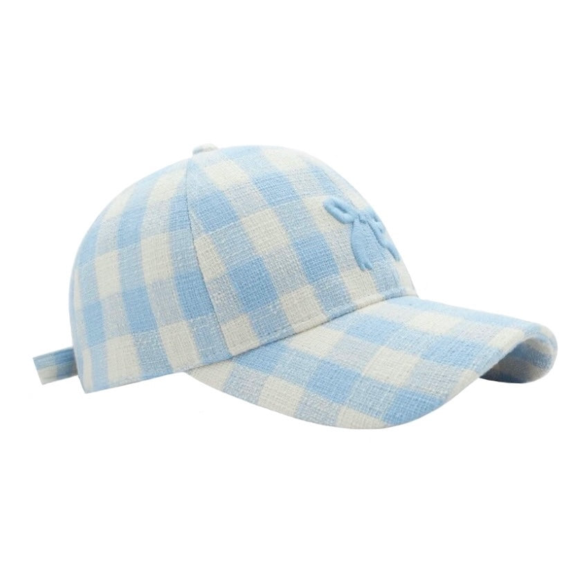 light-blue-gingham-striped-checkered-plaid-patterned-bow-coquette-sun-hat-baseball-trucker-cap-snapback-adjustable-spring-2024-summer-preppy-style-coastal-granddaughter-hamptons-beach-tropical-vacation-seaside-cape-cod-chic-trendy-women-ladies-girls-aviator-nation-loveshackfancy-fillyboo