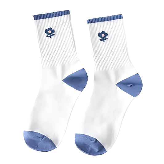 Navy Blue Daisy Cotton Long Socks