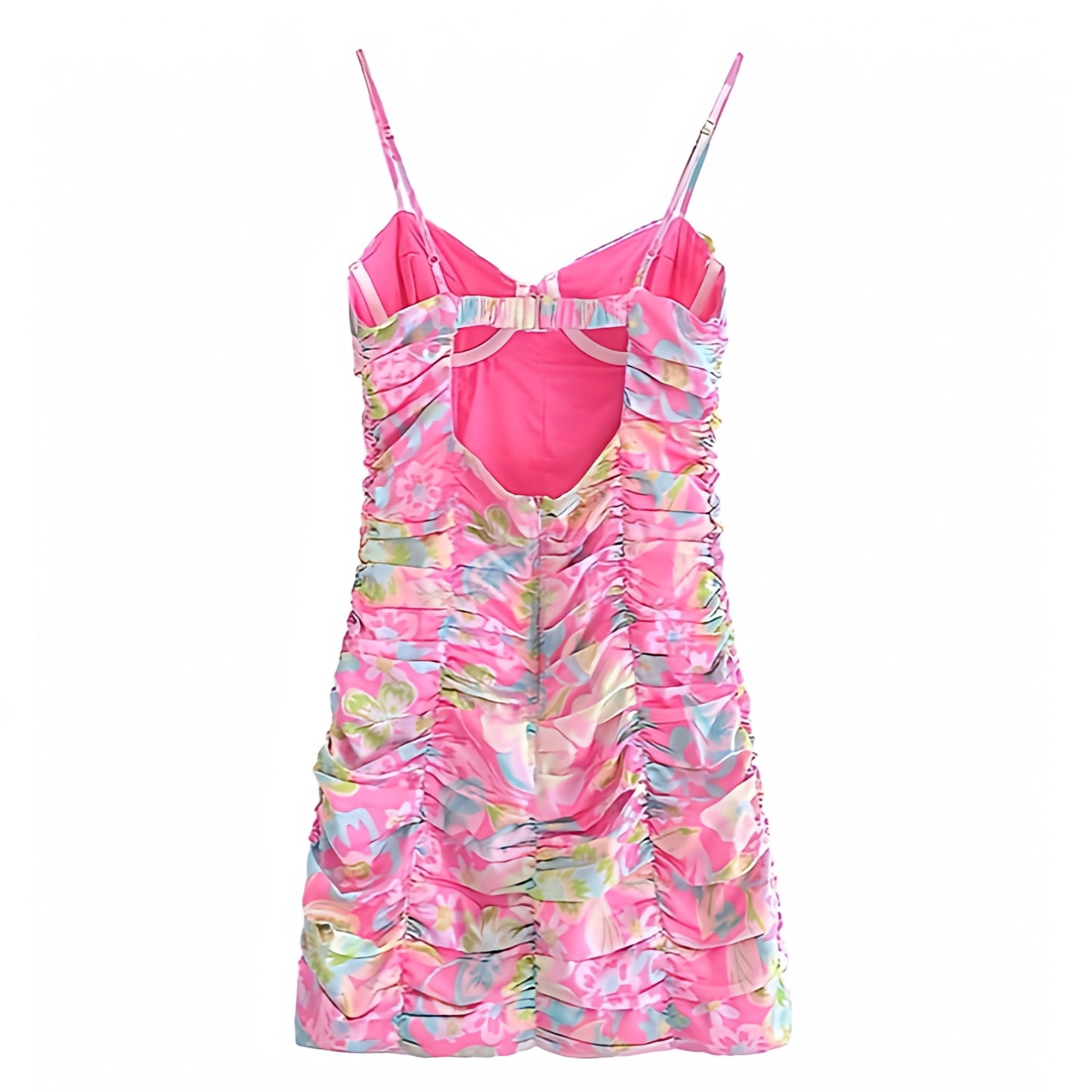 floral-print-light-pink-green-yellow-blue-multi-color-flower-patterned-slim-fit-bodycon-ruched-shirred-bodice-fitted-waist-ruffled-v-neck-sweetheart-neckline-spaghetti-strap-sleeveless-bandage-short-mini-dress-women-ladies-chic-trendy-spring-2024-summer-casual-semi-formal-feminine-party-prom-preppy-style-tropical-beach-wear-vacation-sundress-zara-altard-state-pacsun-urban-outfitters-princess-polly-whitefox