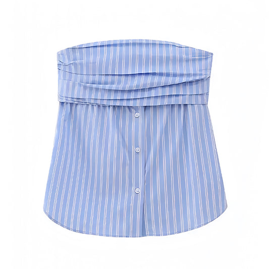 light-blue-and-white-striped-seersucker-pinstripe-print-patterned-slim-fit-strapless-bandeau-sleeveless-ruched-linen-button-down-tank-camisole-tube-top-blouse-shirt-womens-ladies-chic-trendy-spring-2024-summer-elegant-casual-feminine-european-vacation-beach-wear-preppy-style-coastal-granddaughter-zara-revolve-brandy-melville