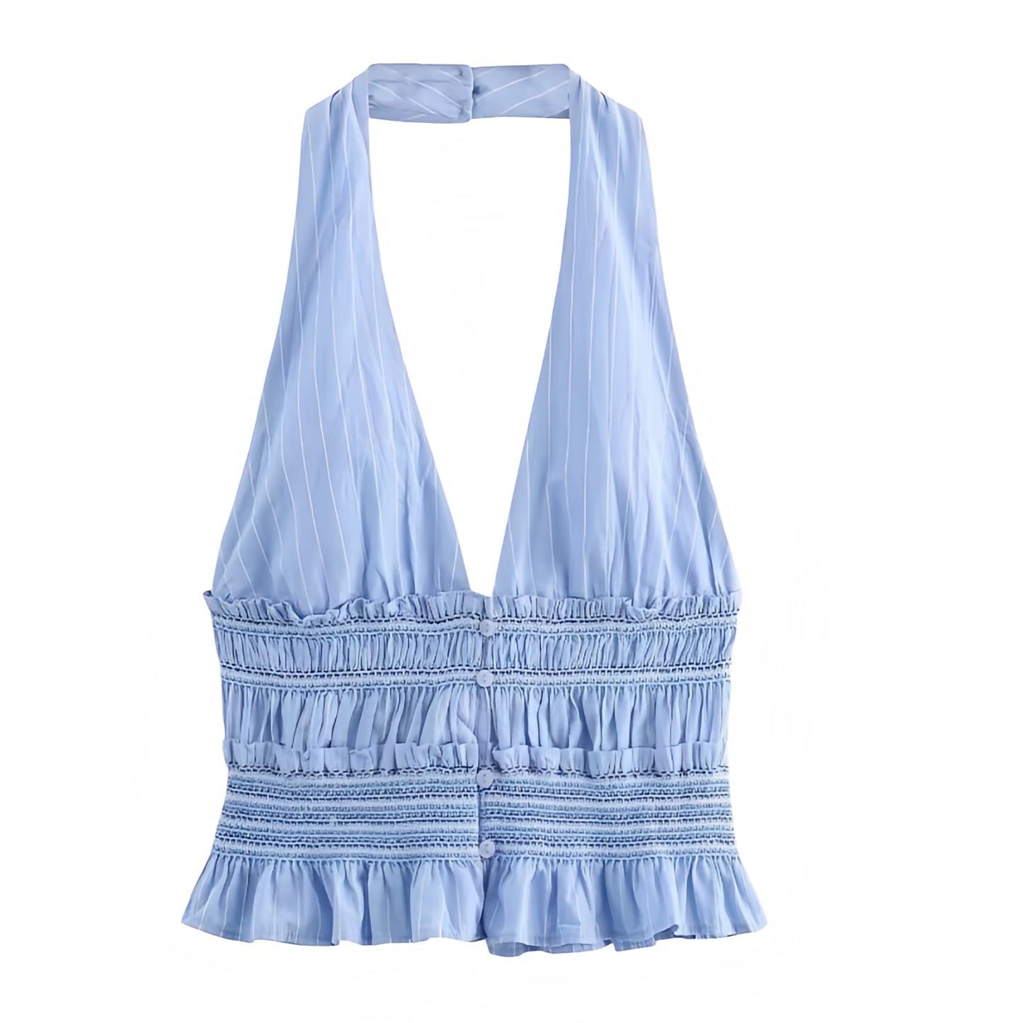 Light Blue Striped V-Neck Ruffle Trim Backless Halter Vest Top