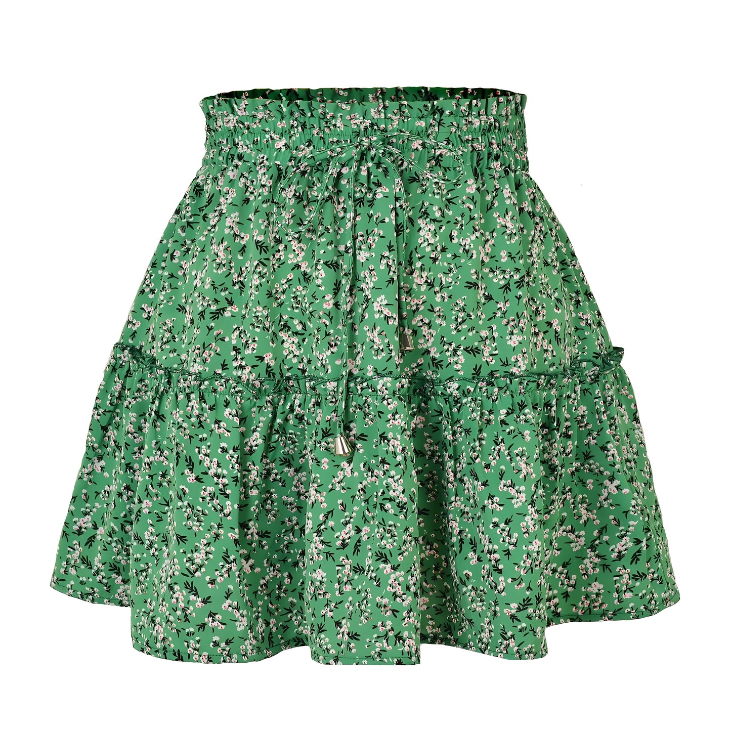 floral-print-green-and-white-daisy-flower-patterned-layered-ruffle-trim-draw-string-tie-fitted-waist-smocked-mid-high-rise-waisted-flowy-boho-tullie-linen-tiered-short-mini-skirt-women-ladies-chic-trendy-spring-2024-summer-elegant-casual-feminine-preppy-style-zara-altard-state-urban-outfitters-brandy-melville-princess-polly