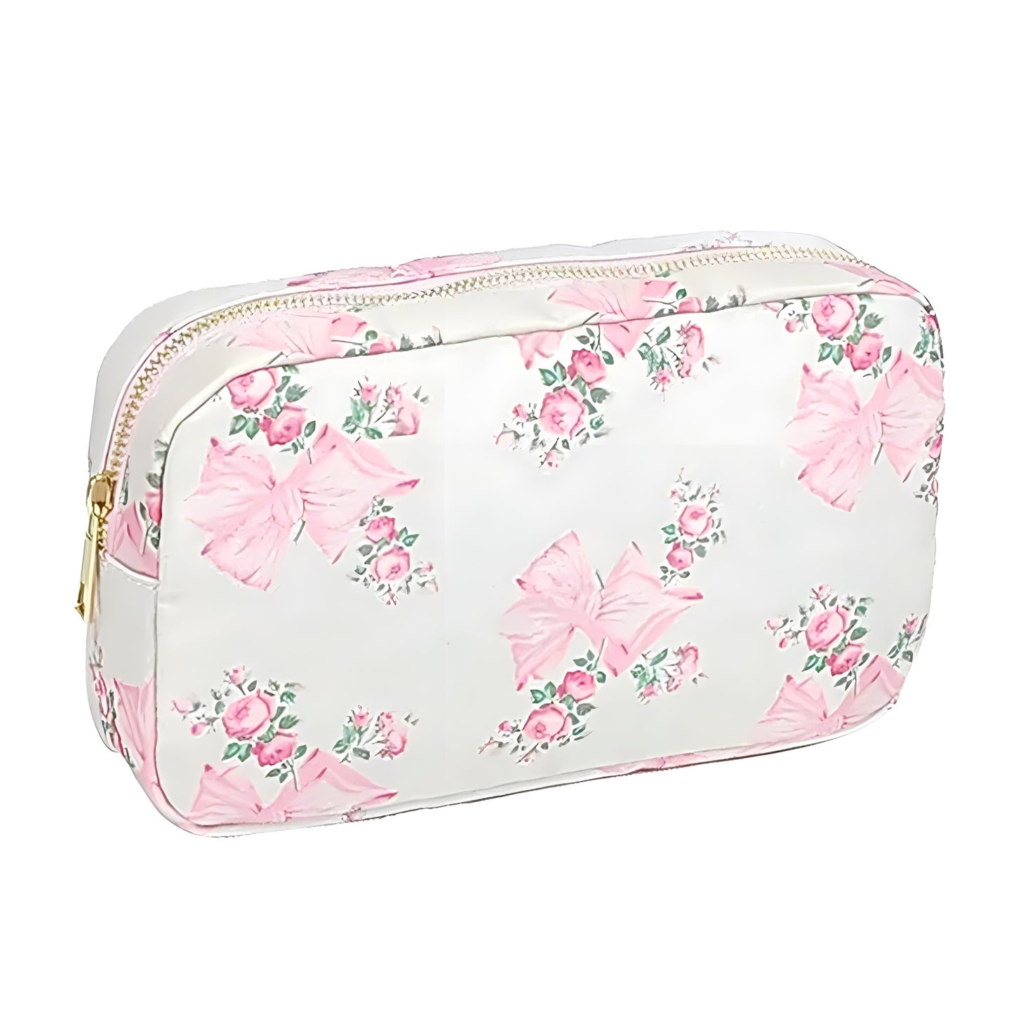 Pink Floral Bow Print Makeup Bag