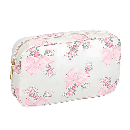 Pink Floral Bow Print Makeup Bag