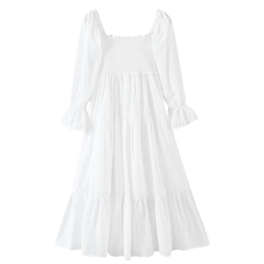 white-slim-fitted-bodycon-smocked-shirred-bodice-drop-waist-ruffle-trim-fit-and-flare-long-puff-sleeve-square-neckline-bow-tie-backless-open-back-tiered-linen-flowy-boho-bohemian-midi-long-maxi-dress-gown-women-ladies-teens-tweens-chic-trendy-spring-2024-summer-elegant-casual-semi-formal-feminine-classy-classic-preppy-style-prom-homecoming-hoco-dance-party-graduation-debutante-coastal-granddaughter-grandmillennial-coquette-european-vacation-sundress-beach-wear-altard-state-zara-revolve-loveshackfancy-dupe