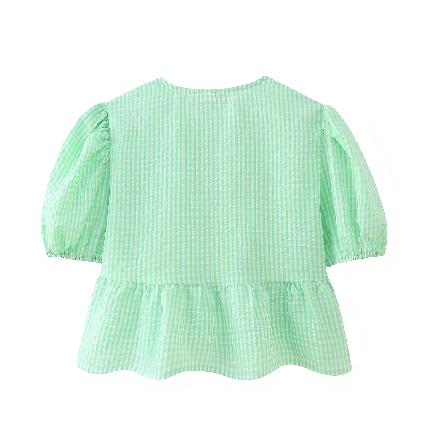 Mint Green Gingham Bow Lace Up Short Puff Sleeve Camisole Blouse Top