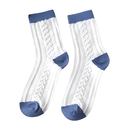 Navy Blue & White Cable Knit Cotton Long Socks