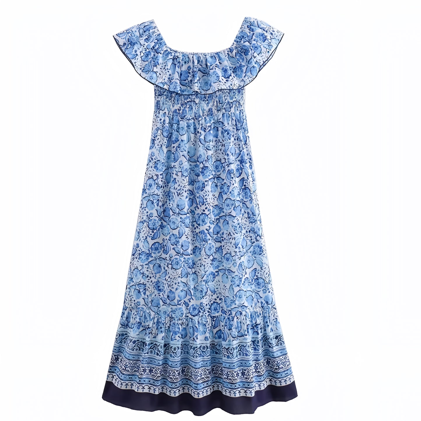 Emilia Blue Floral Patterned Bodycon Smocked Off-Shoulder Maxi Dress