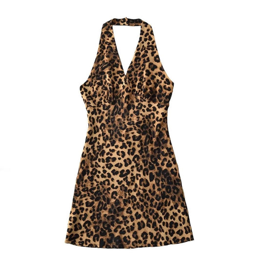 Leopard Print Bodycon V-Neck Sleeveless Halter Mini Dress