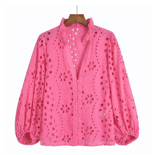Hot Pink Floral Eyelet Embroidered V-Neck Button Down Long Sleeve Blouse