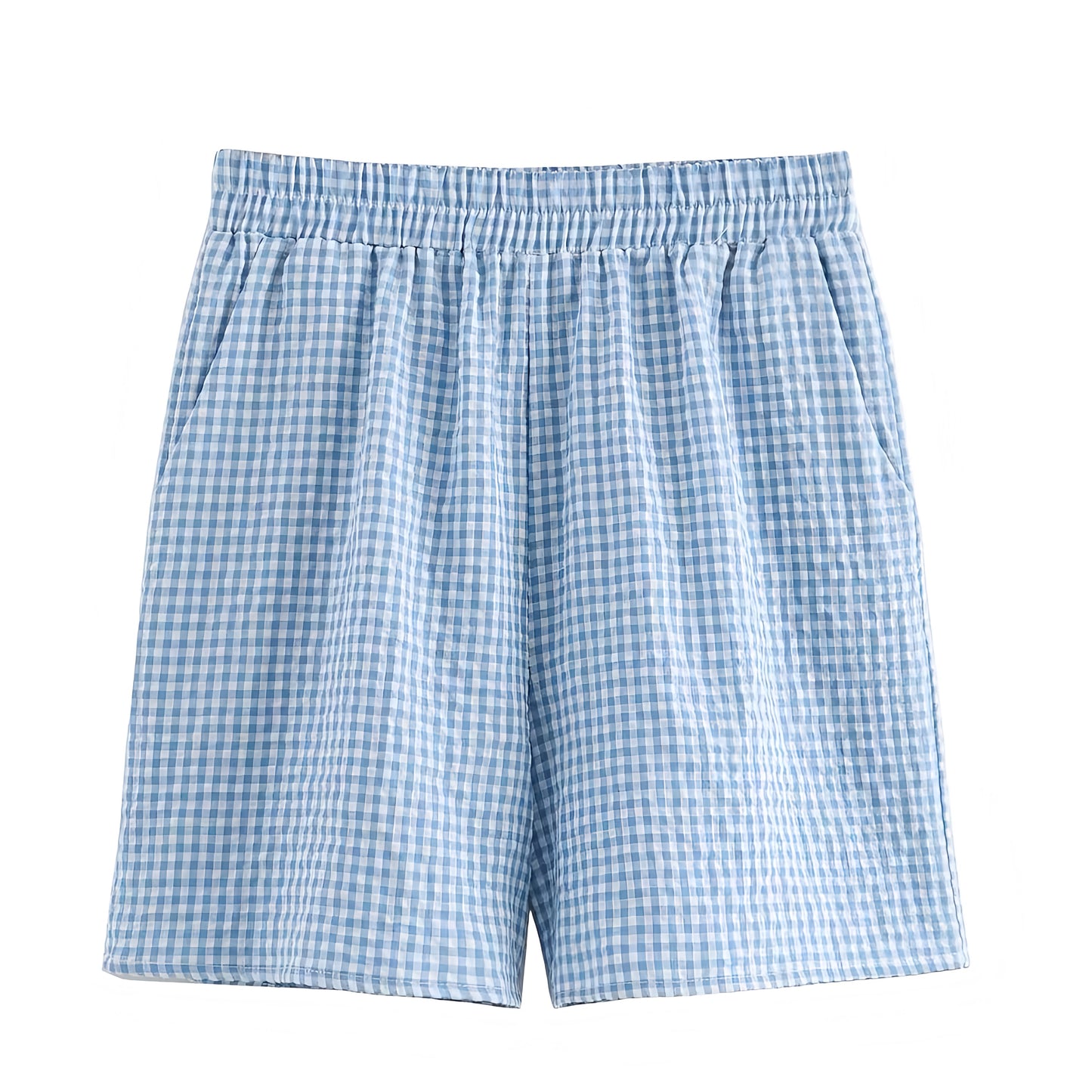 Light Blue Gingham Mid-Rise Shorts