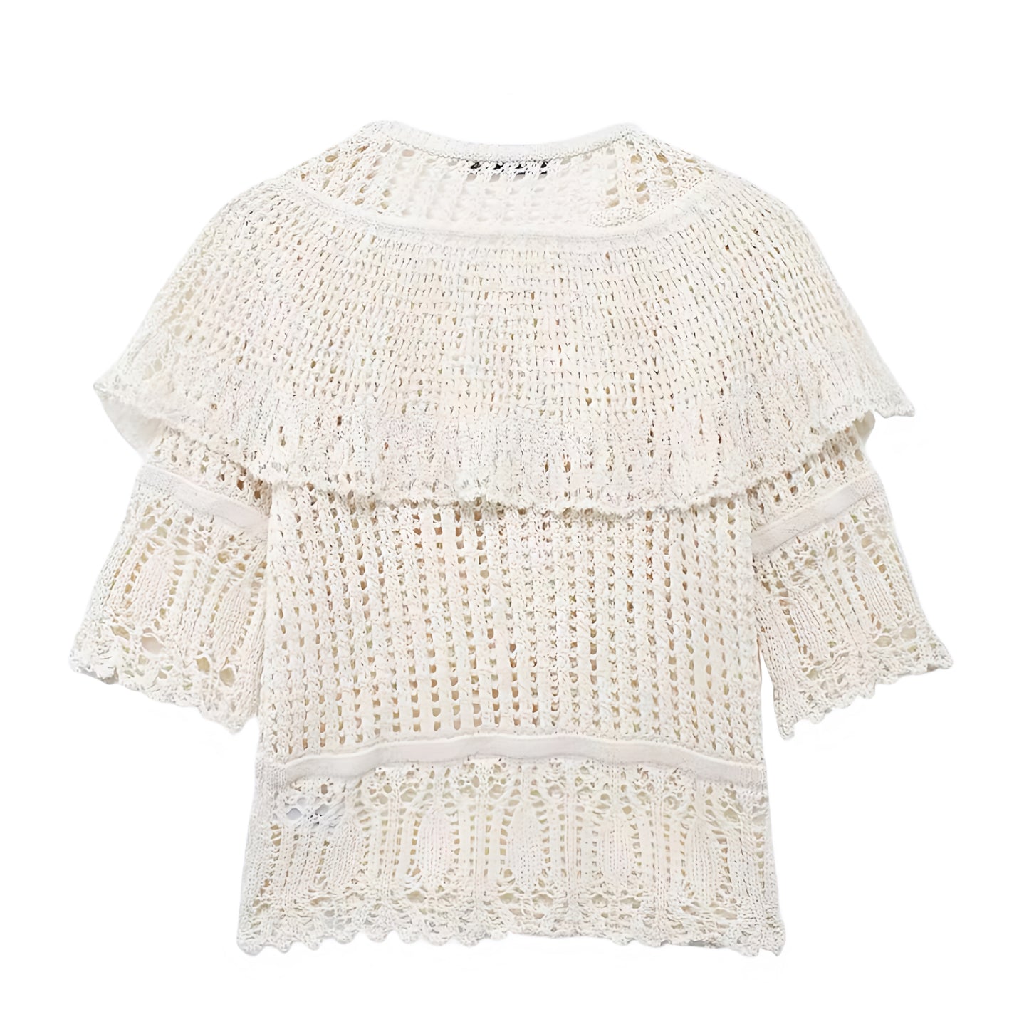 Light Beige Eyelet Crochet Embroidered Ruffle Trim Short Sleeve Blouse Top