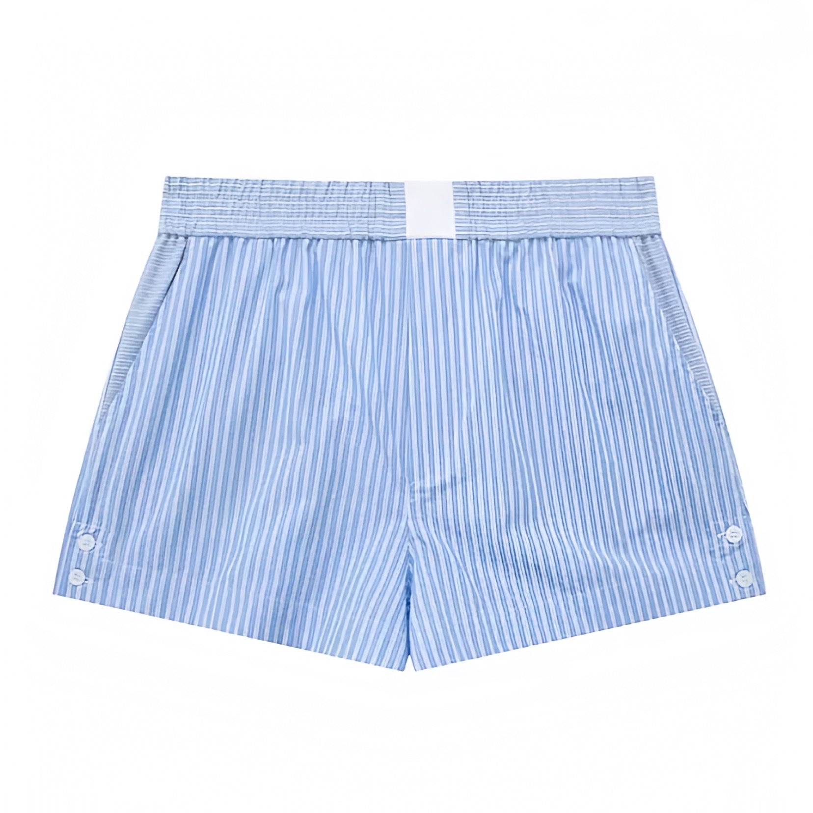 light-blue-and-white-striped-seersucker-pinstriped-patterned-fitted-waist-low-rise-waisted-cotton-linen-short-mini-sweat-shorts-with-pockets-women-ladies-chic-trendy-spring-2024-summer-elegant-casual-feminine-preppy-style-coastal-granddaughter-european-vacation-beach-wear-zara-brandy-melville-pacsun-urban-outfitters-edikted