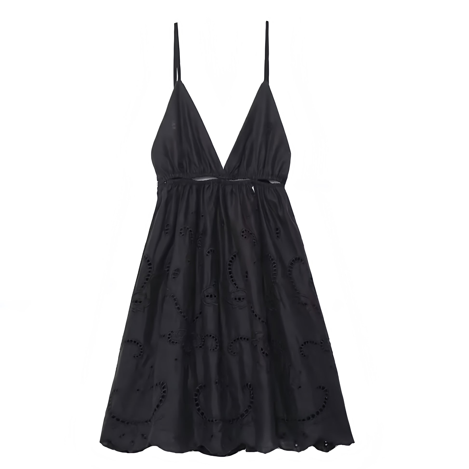Black Eyelet Embroidered V-Neck Spaghetti Strap Backless Mini Dress Dazey Hill Black Eyelet Embroidered V-Neck Spaghetti Strap Backless Mini Dress Dazey Hill