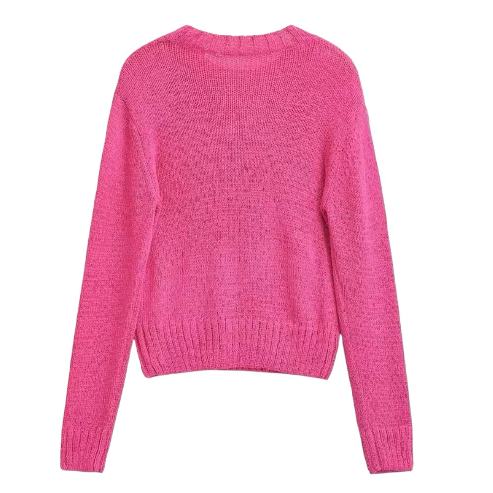 Hot Pink Knitted Long Sleeve Pullover Sweater