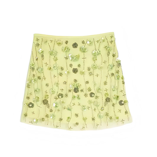 Light Green Floral Beaded Sequin Embellished Low-Rise Mini Skirt