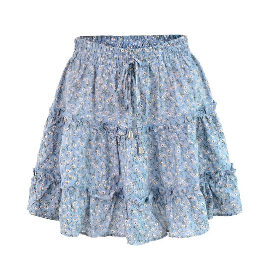 floral-print-light-blue-and-white-daisy-flower-patterned-layered-ruffle-trim-draw-string-tie-fitted-waist-smocked-mid-high-rise-waisted-flowy-boho-tullie-linen-tiered-short-mini-skirt-women-ladies-chic-trendy-spring-2024-summer-elegant-casual-feminine-preppy-style-coastal-granddaughter-beach-wear-zara-altard-state-urban-outfitters-brandy-melville-princess-polly