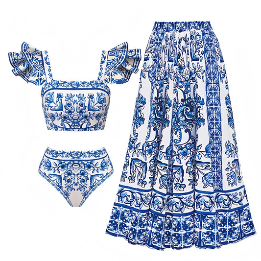 Mylopotas Blue & White Floral Print Ruffle Trim Puff Sleeve 2 Piece Bikini Set & Cover Skirt