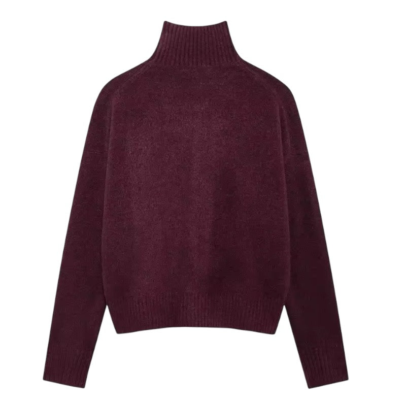 Burgundy Red Knit Woolen Oversized Long Sleeve Turtleneck Pullover Sweater