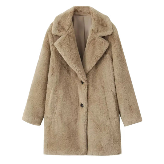 Khaki Teddy Faux Fur Long Over Coat Jacket