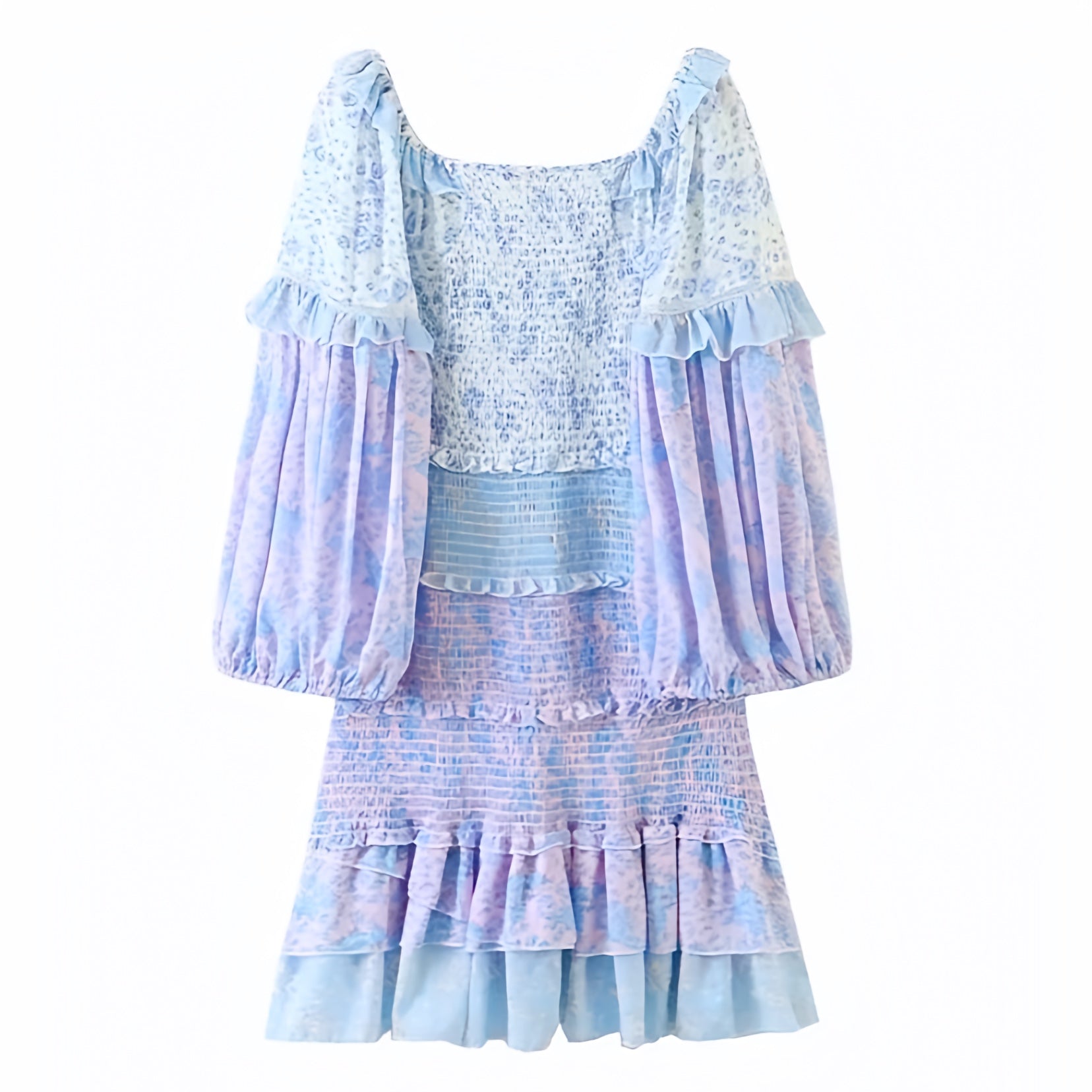 floral-print-light-blue-white-purple-multi-color-flower-patterned-layered-ruffle-trim-smocked-bodycon-slim-fit-shirred-bodice-fitted-waist-flowy-boho-tullie-tiered-long-puff-sleeve-sweetheart-neckline-short-mini-dress-gown-women-ladies-trendy-chic-spring-2024-summer-elegant-casual-semi-formal-feminine-preppy-style-prom-party-coastal-granddaughter-beach-wear-vacation-sundress-loveshackfancy-zimmerman-altard-state