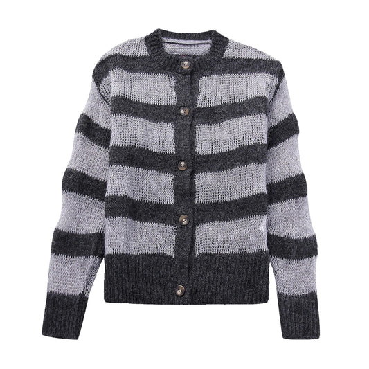 Dark Gray Striped Button Up Cardigan Sweater