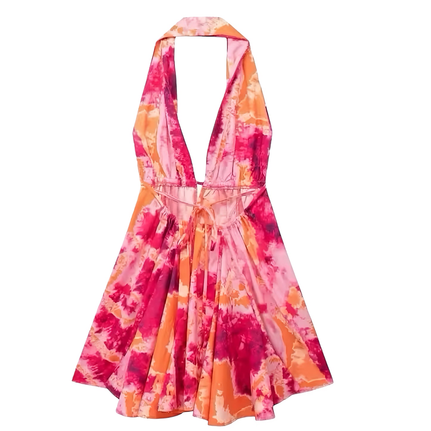 Orange Tie-Dye Patterned Backless Halter Mini Dress