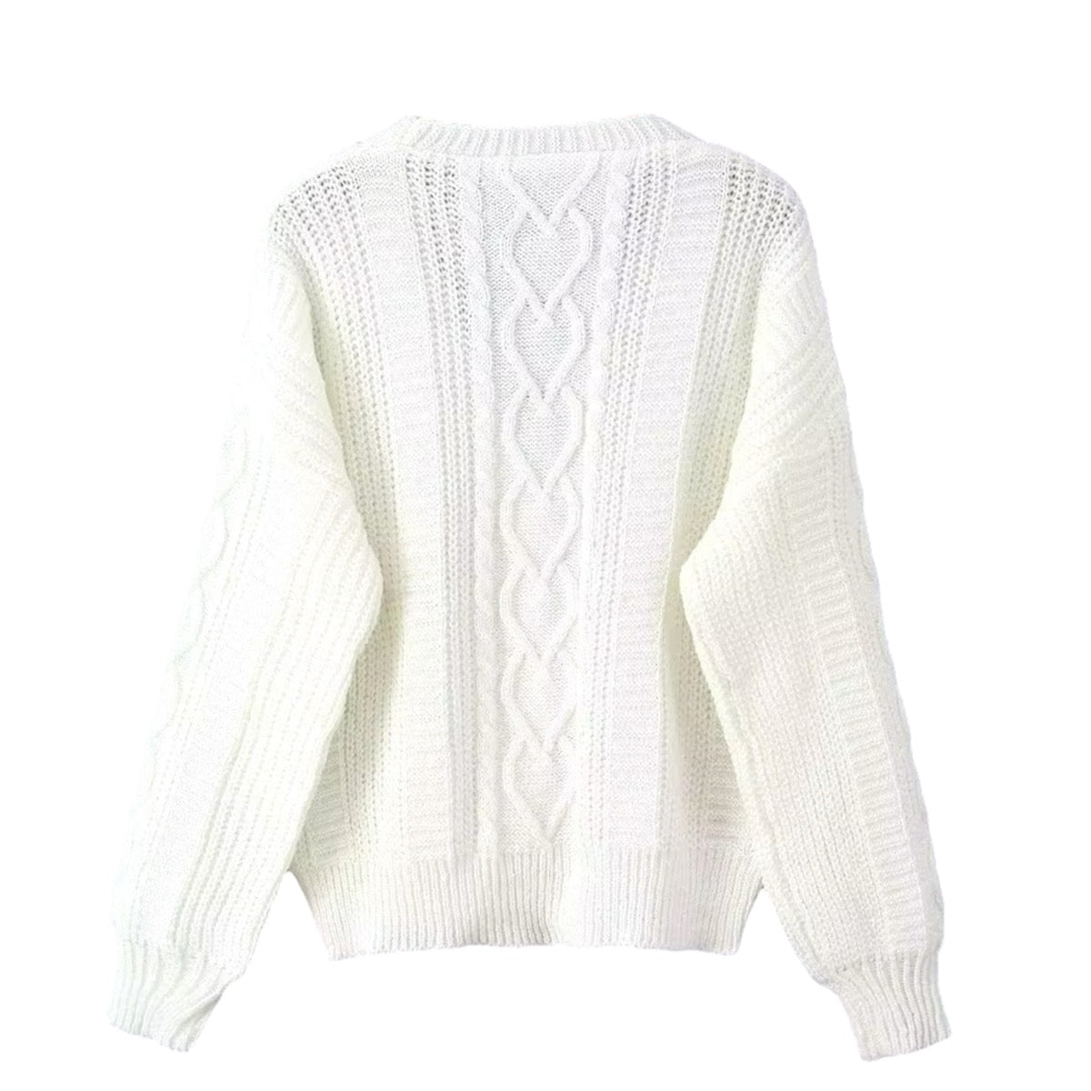 White Cable Knit V-Neck Gold Button Long Sleeve Cardigan Sweater