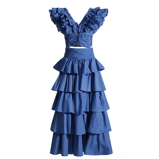 dark-navy-blue-layered-ruffle-trim-bodycon-slim-fitted-bodice-drop-waist-cut-out-v-neck-bustier-corset-short-puff-sleeve-backless-open-back-tiered-flowy-fit-flare-top-and-skirt-set-midi-long-maxi-dress-ball-gown-couture-women-ladies-chic-trendy-spring-2024-summer-elegant-semi-formal-classy-casual-feminine-prom-tea-gala-wedding-guest-party-debutante-preppy-style-coastal-granddaughter-beach-vacation-sundress-altard-state-revolve-zimmerman-loveshackfancy-dupe