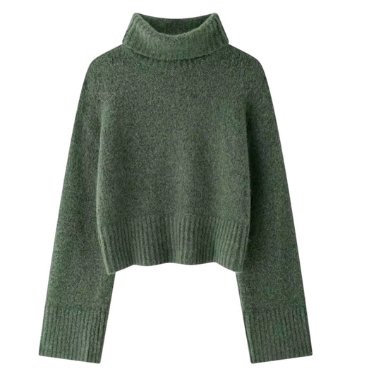 Dark Green Knit Woolen Oversized Long Sleeve Cropped Turtleneck Pullover Sweater