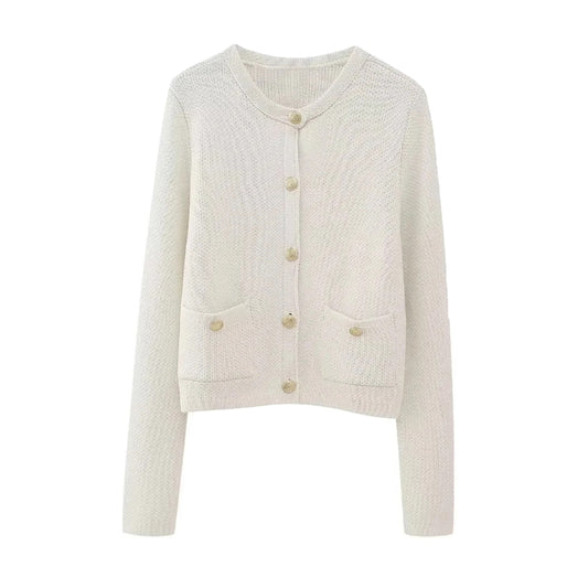 Ivory Knit Gold Button Overcoat Cardigan