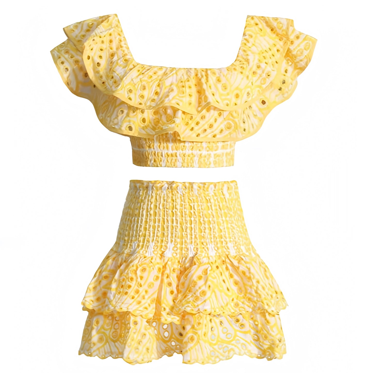 yellow-and-white-eyelet-embroidered-scalloped-broderie-anglaise-patterned-layered-ruffle-smocked-tiered-shirred-bodice-fitted-waist-bodycon-slim-fit-short-sleeve-off-shoulder-square-neck-line-crop-top-blouse-mini-skirt-2-piece-dress-set-couture-women-ladies-spring-2024-summer-chic-trendy-elegant-casual-semi-formal-feminine-classy-preppy-style-party-prom-european-beach-wear-tropical-vacation-sundress-gown-charo-ruiz-zimmerman-revolve-loveshackfancy-fillyboo-cb-positano-dupe