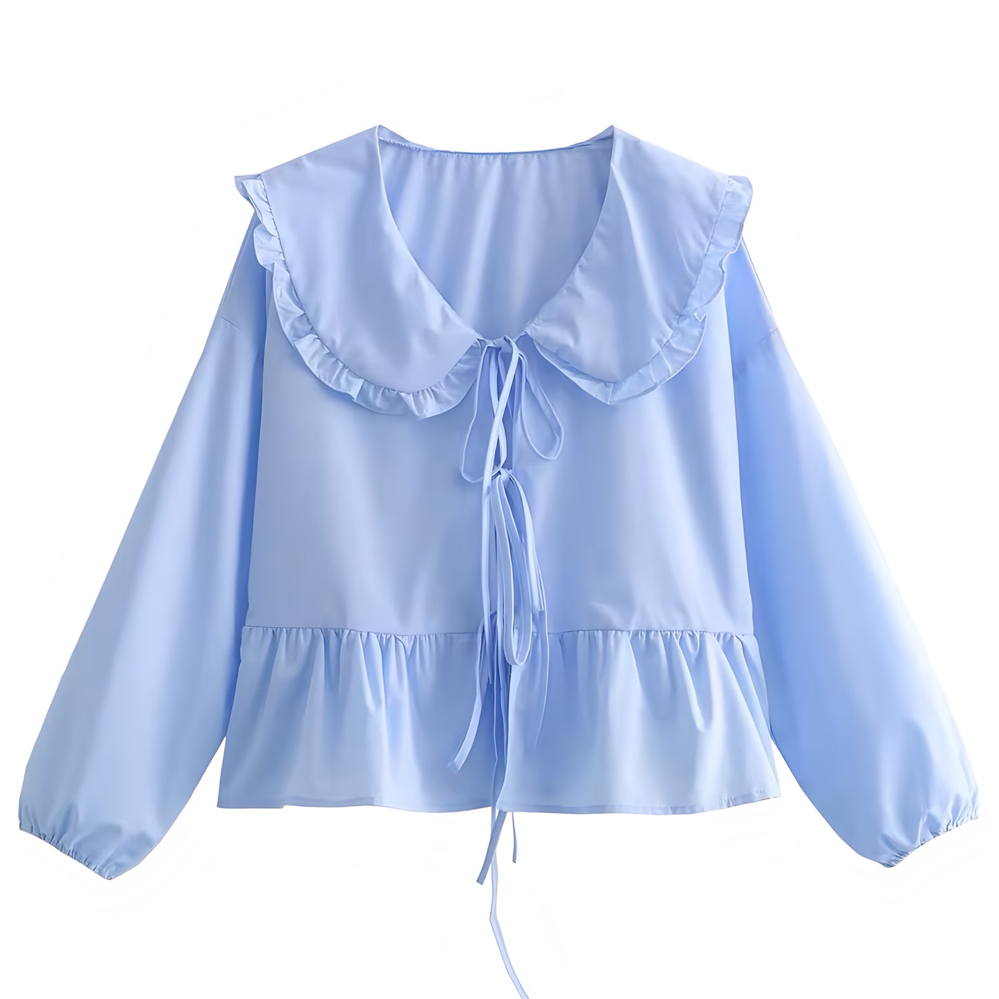 Light Blue Ruffle Trim Bow Lace Up Long Sleeve Camisole Blouse Top