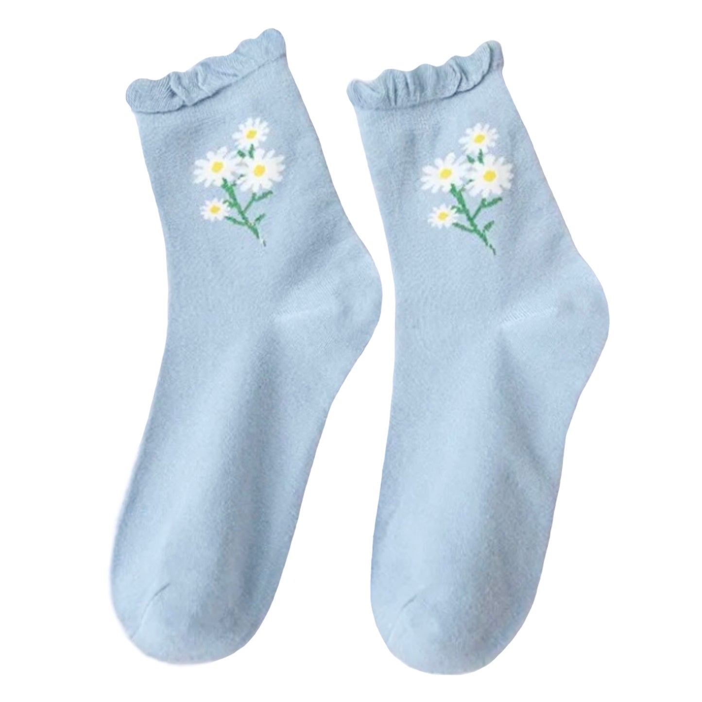 Light Blue Daisy Ruffle Trim Cotton Long Socks