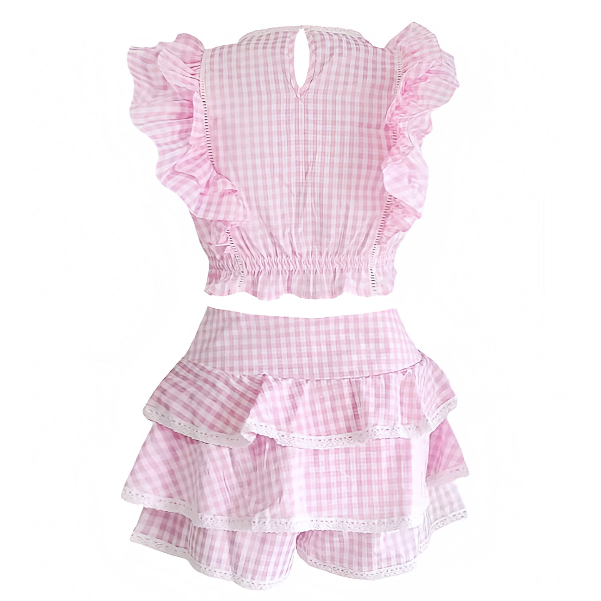 Light Pink Gingham Print Puff Sleeve Top & Layered Ruffle Mini Skirt ...