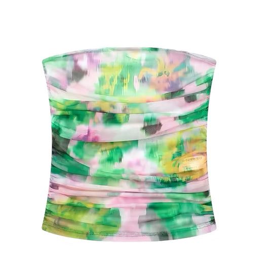 Green Multi-Color Patterned Ruched Strapless Tube Top