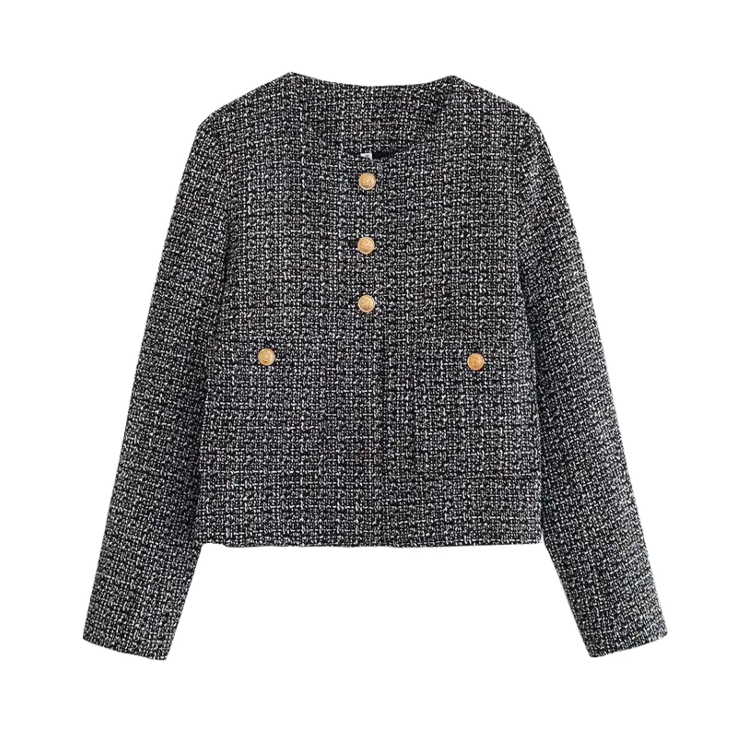 Dark Gray Tweed Gold Button Cropped Overcoat