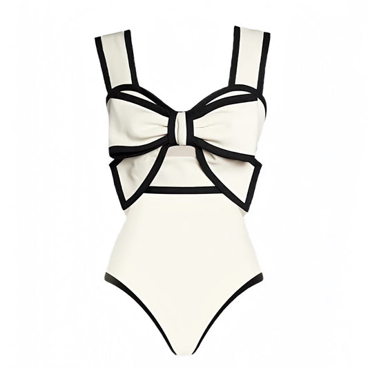 ivory-white-and-black-lined-contrast-striped-slim-fit-bodycon-cut-out-bow-sweetheart-neckline-spaghetti-strap-sleeveless-backless-open-back-wireless-push-up-cheeky-thong-modest-one-piece-swimsuit-swimwear-bathing-suit-women-ladies-teens-chic-trendy-spring-2024-summer-elegant-classy-classic-feminine-preppy-style-old-money-european-vacation-beach-wear-revolve-same-oneone-frankies-bikinis-dupe