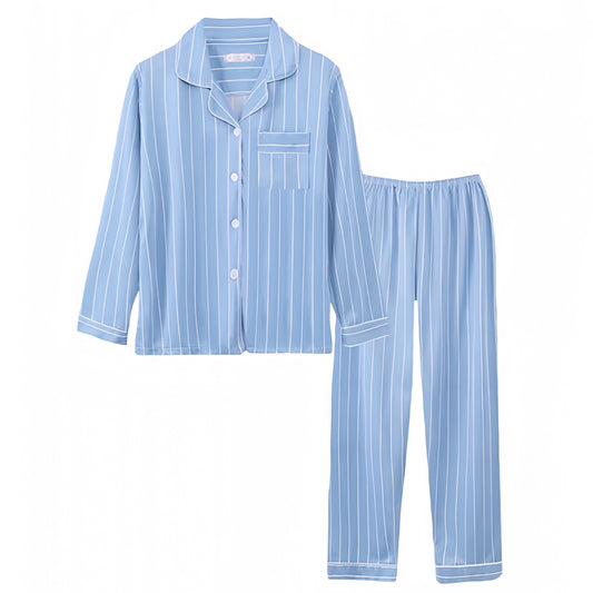light-blue-and-white-striped-seersucker-pinstripe-patterned-cotton-linen-v-neck-button-down-long-sleeve-shirt-top-mid-low-rise-pants-bottoms-pajama-two-piece-set-pjs-cozy-comfy-lounge-wear-women-ladies-chic-trendy-spring-2024-summer-preppy-style-casual-feminine-coastal-granddaughter-classy-elegant-eber-jey-roller-rabbit-dupe