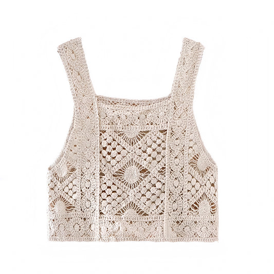 Light Khaki Crochet Embroidered Sleeveless Tank Top