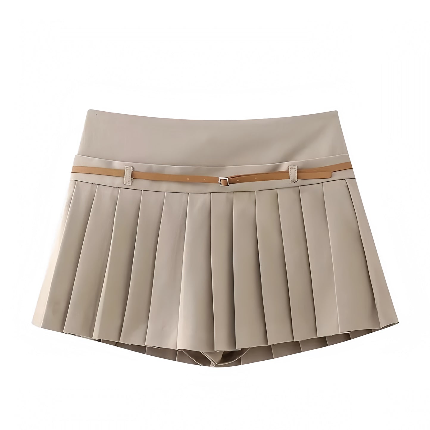 Light Khaki Slim Low-Rise Pleated Mini Skirt With Belt