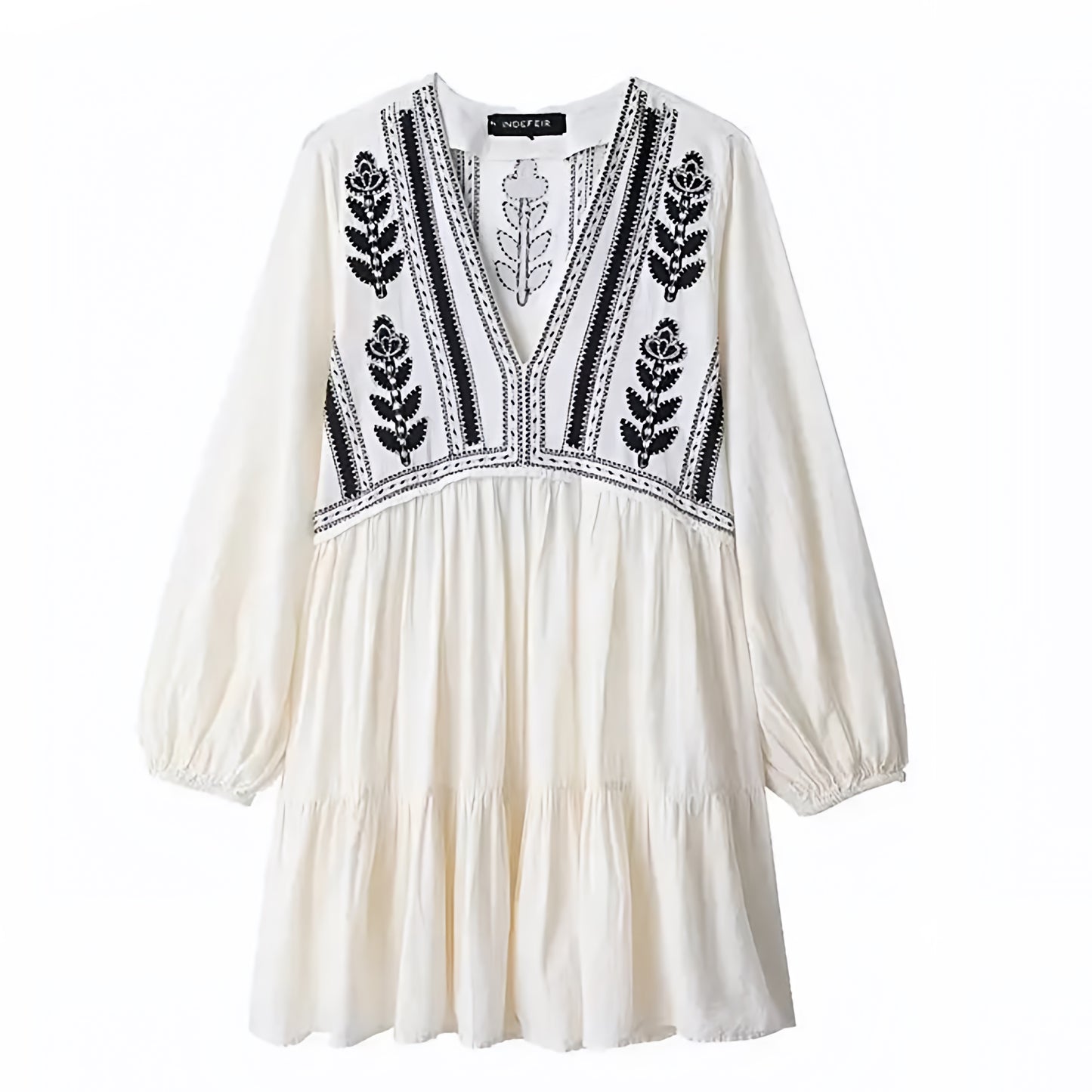 Athens Floral Embroidered V-Neck Tiered Long Puff Sleeve Boho Mini Dress